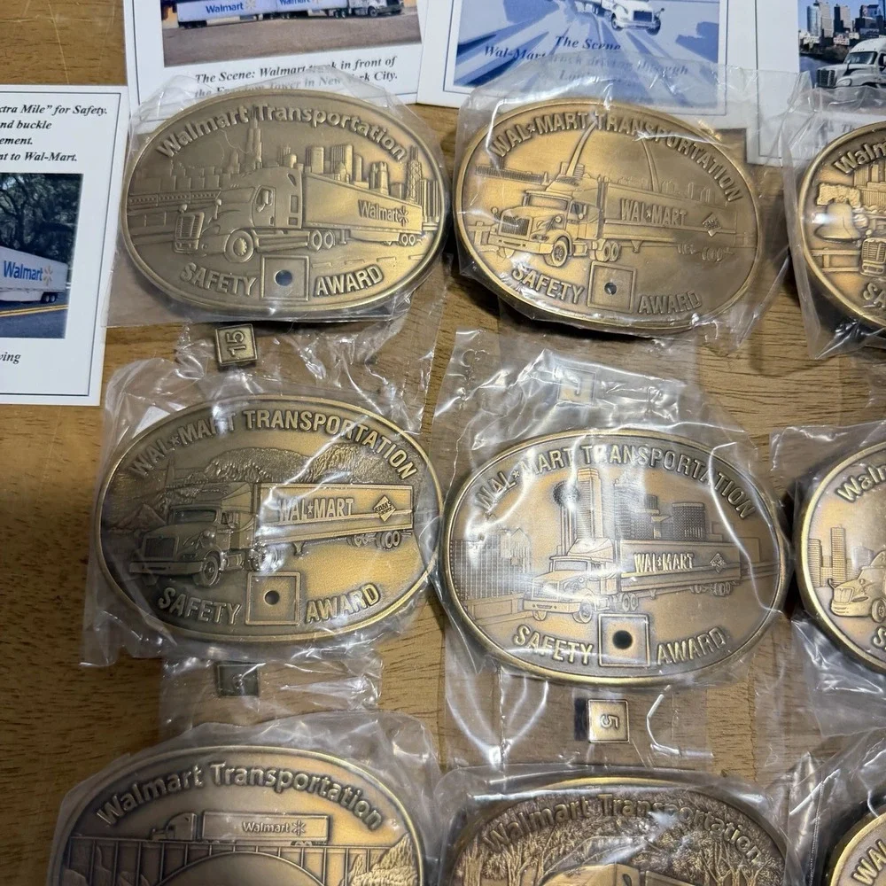 Vintage Wal-Mart Transportation Safety Award Belt Buckle Lot of 14 Brass Pins